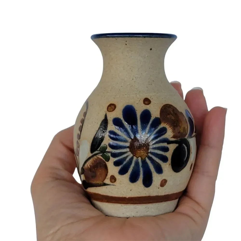 Mexican Tonala Pottery Hand Painted Vase Small Floral Folk Art Blue Cream Mexico